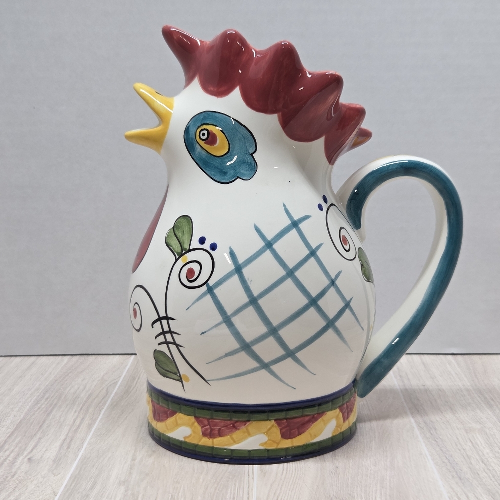 hand-painted "Mosaic Rooster" pitcher produced by Clay Art
